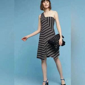 Maeve Moka One-Shoulder Dress, S, Black White Stripe, Asymmetrical Anthropologie